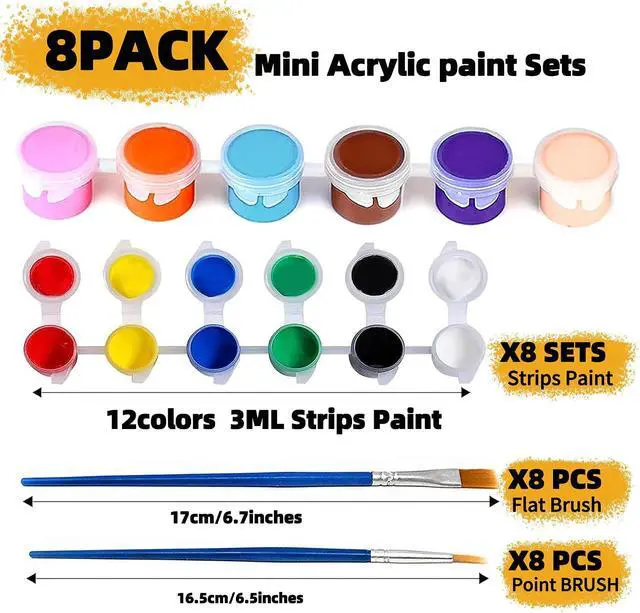 Alt view image 4 of 7 - 8 Pack Mini Acrylic Paint Set, 12 Colors Individual Paint Sets with 2 Pcs Brushes, 112 Pcs Washable Acrylic Paint Set for Birthday Party Favor, Classroom, Arts