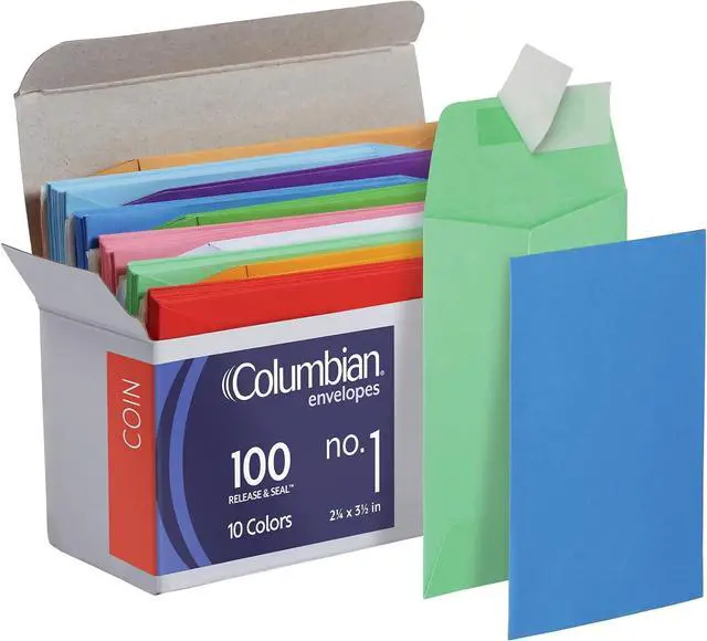 Main image of 1 Coin and Small Parts Self Seal Envelopes for Home, Office and Garden, Small Envelopes for Organization, 2.25" x 3.5", 10 Assorted Colors, 100 per Box (1016442)
