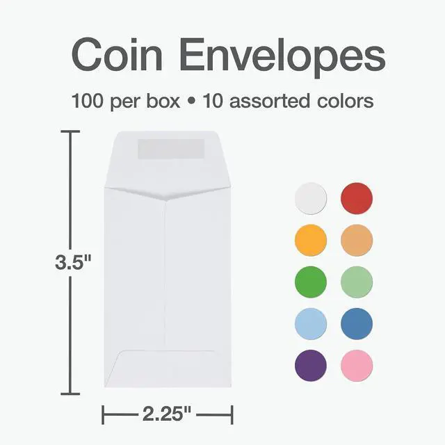 Alt view image 2 of 7 - 1 Coin and Small Parts Self Seal Envelopes for Home, Office and Garden, Small Envelopes for Organization, 2.25" x 3.5", 10 Assorted Colors, 100 per Box (1016442)