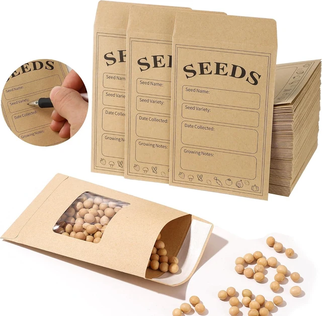 Main image of 100 PCS Seed Packets Clear Envelopes, Self Sealing Kraft Bags 3.15x 4.72, Seed Storage Organizer Mini Envelopes with Preprinted Collecting Template for Flower Vegetable Seed Collection(A style)
