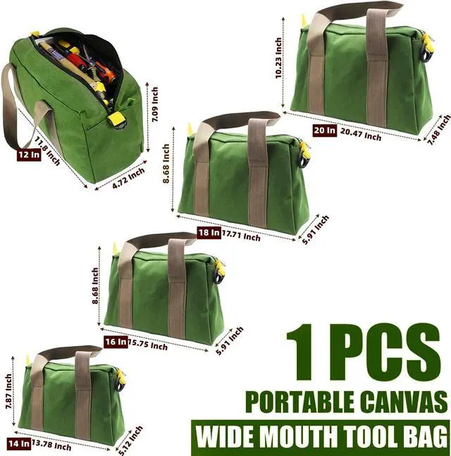 Alt view image 2 of 7 - 14 Inch Wide Mouth Tool Bag, Heavy Duty Canvas Tool Storage Bag, Large Capacity Handbag, Multi-function Tool Organizer Tote Bag for Storage Wrenches Pliers (Green, 14 Inch)