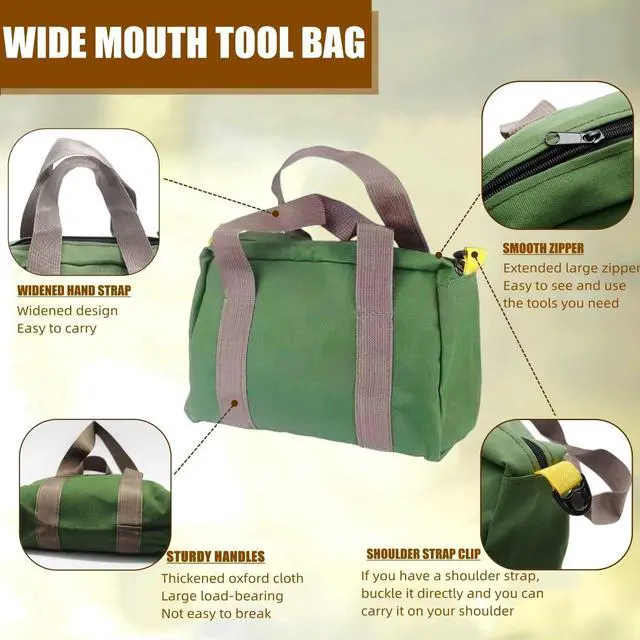 Alt view image 3 of 7 - 14 Inch Wide Mouth Tool Bag, Heavy Duty Canvas Tool Storage Bag, Large Capacity Handbag, Multi-function Tool Organizer Tote Bag for Storage Wrenches Pliers (Green, 14 Inch)