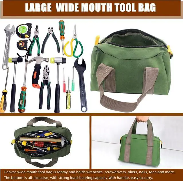 Alt view image 5 of 7 - 14 Inch Wide Mouth Tool Bag, Heavy Duty Canvas Tool Storage Bag, Large Capacity Handbag, Multi-function Tool Organizer Tote Bag for Storage Wrenches Pliers (Green, 14 Inch)