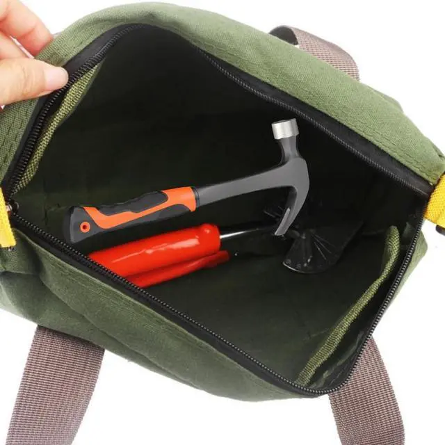 Alt view image 7 of 7 - 14 Inch Wide Mouth Tool Bag, Heavy Duty Canvas Tool Storage Bag, Large Capacity Handbag, Multi-function Tool Organizer Tote Bag for Storage Wrenches Pliers (Green, 14 Inch)