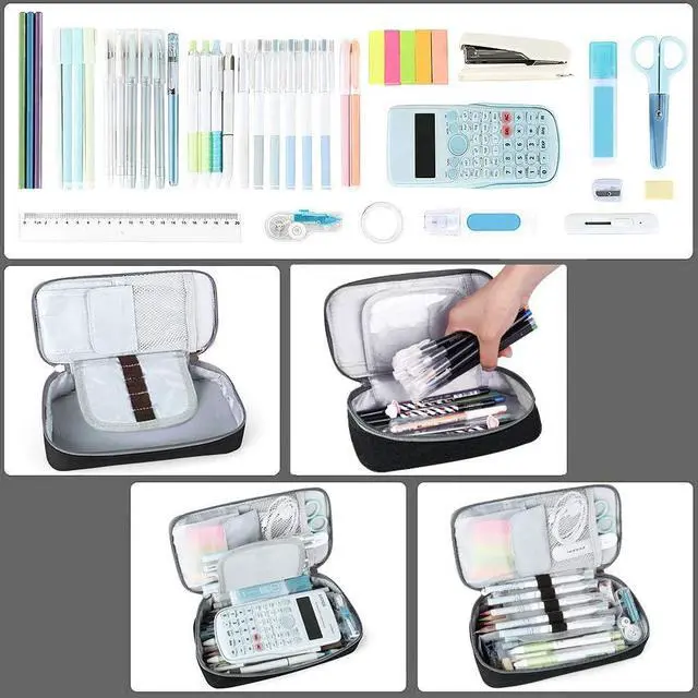 Alt view image 5 of 7 - Capacious Pencil Case Marker Holder Pouch Desk Organizer Big Pencil Bag with Zipper Large Storage Box for College Middle School Office Supplies Stationery - Black