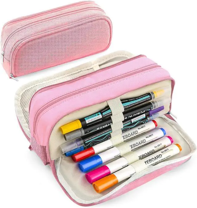 Main image of Large Capacity Pencil Case Pencil Pouch Pen Bag with 3 Compartment Stationery Organizer with Zipper, School Supplies Organizer for Teen Adults (Pink)