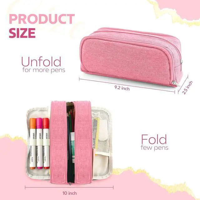 Alt view image 2 of 7 - Large Capacity Pencil Case Pencil Pouch Pen Bag with 3 Compartment Stationery Organizer with Zipper, School Supplies Organizer for Teen Adults (Pink)