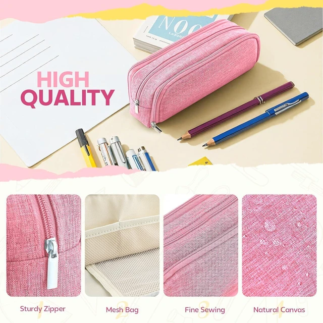 Alt view image 3 of 7 - Large Capacity Pencil Case Pencil Pouch Pen Bag with 3 Compartment Stationery Organizer with Zipper, School Supplies Organizer for Teen Adults (Pink)