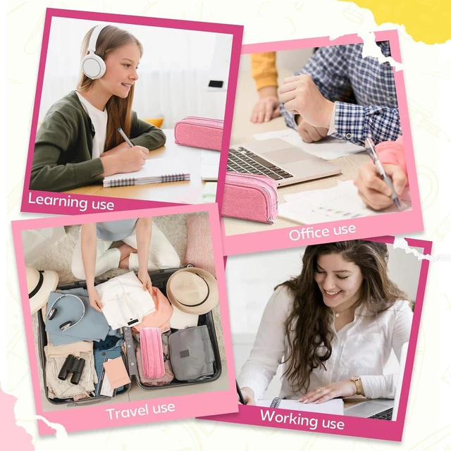 Alt view image 7 of 7 - Large Capacity Pencil Case Pencil Pouch Pen Bag with 3 Compartment Stationery Organizer with Zipper, School Supplies Organizer for Teen Adults (Pink)