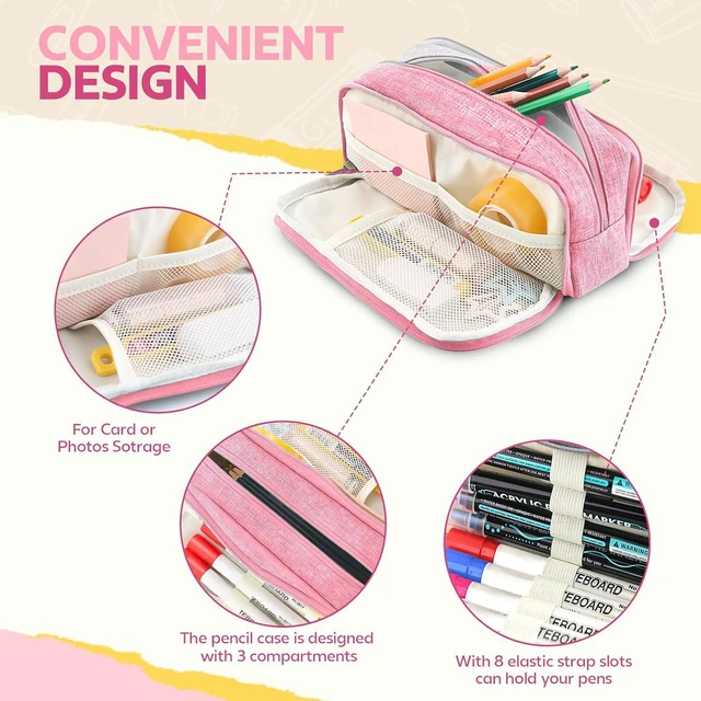 Alt view image 4 of 7 - Large Capacity Pencil Case Pencil Pouch Pen Bag with 3 Compartment Stationery Organizer with Zipper, School Supplies Organizer for Teen Adults (Pink)
