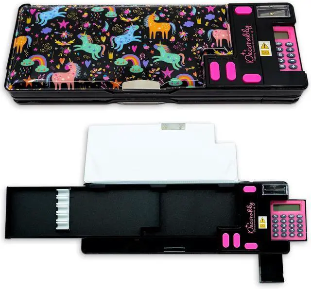 Main image of Unicorn Pop-Up Pencil Case with Calculator for Girls | Multifunction Pencil Box with Sharpener, Pen Slots, Mini Drawer & 2 Magnetic Compartments - Back-to-School Kids Gift
