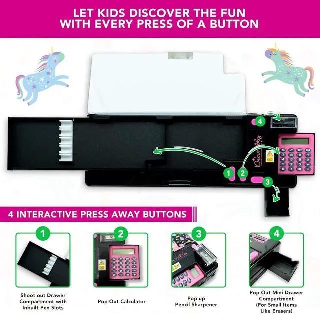 Alt view image 4 of 7 - Unicorn Pop-Up Pencil Case with Calculator for Girls | Multifunction Pencil Box with Sharpener, Pen Slots, Mini Drawer & 2 Magnetic Compartments - Back-to-School Kids Gift