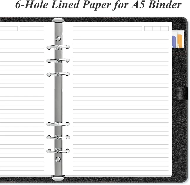 Alt view image 2 of 6 - 6-Hole Lined Paper Refills for A5 Ring Binder - 100 Sheets/200 Pages Loose Leaf Paper Line Refills for Filofax Planner, 100 gsm White Paper, 5.8" x 8.25"