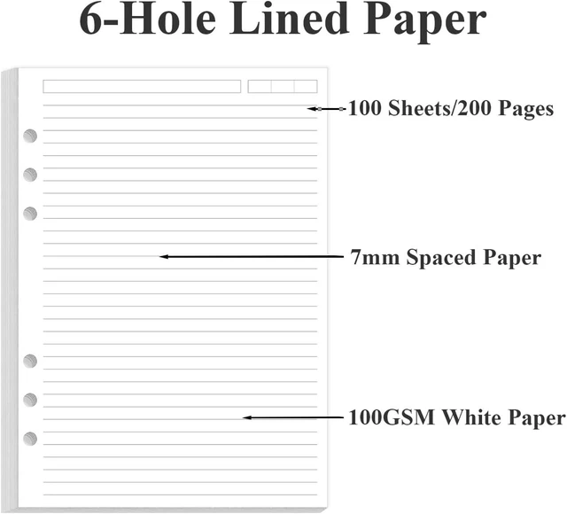 Alt view image 5 of 6 - 6-Hole Lined Paper Refills for A5 Ring Binder - 100 Sheets/200 Pages Loose Leaf Paper Line Refills for Filofax Planner, 100 gsm White Paper, 5.8" x 8.25"