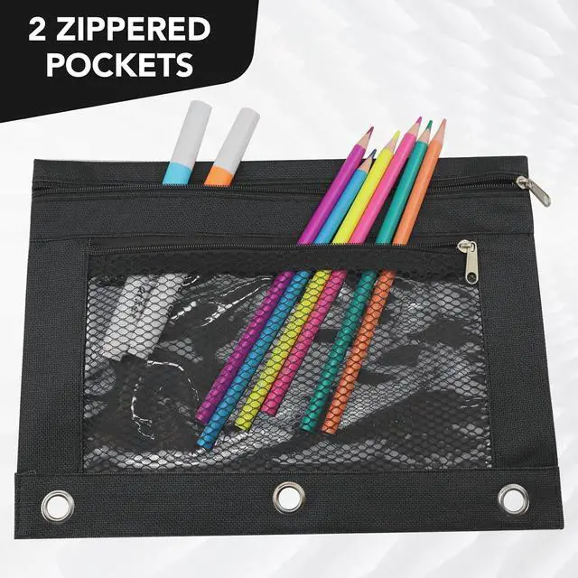 Alt view image 2 of 7 - 3 Ring Pencil Pouch for Binder, 2-Pocket Zipper Pencil Case with Clear Window & Mesh Pocket, 600D Oxford Fabric Binder Pouch for School Office Supplies, Fits Standard 3-Ring Binders, Black