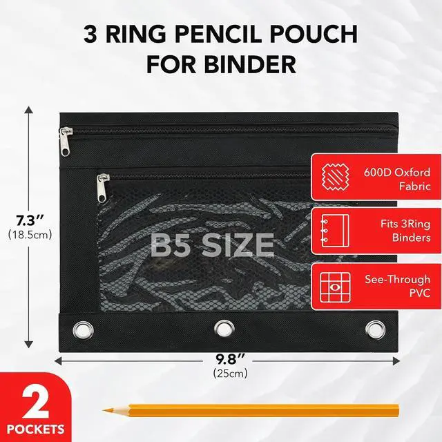 Alt view image 3 of 7 - 3 Ring Pencil Pouch for Binder, 2-Pocket Zipper Pencil Case with Clear Window & Mesh Pocket, 600D Oxford Fabric Binder Pouch for School Office Supplies, Fits Standard 3-Ring Binders, Black