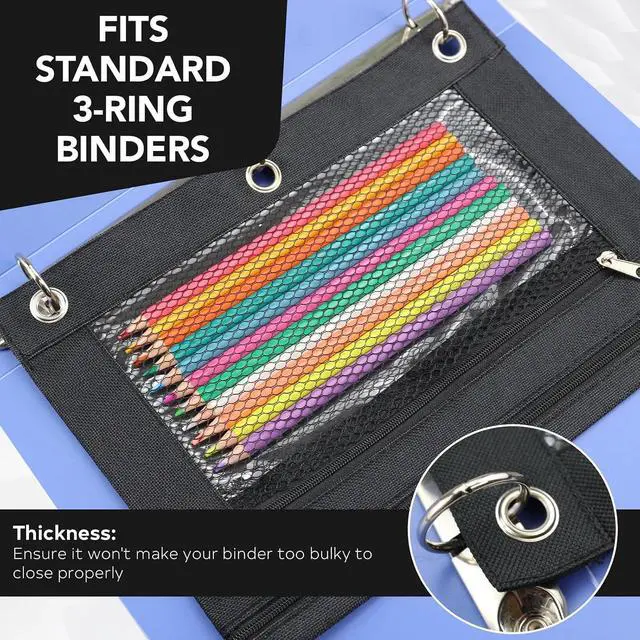Alt view image 4 of 7 - 3 Ring Pencil Pouch for Binder, 2-Pocket Zipper Pencil Case with Clear Window & Mesh Pocket, 600D Oxford Fabric Binder Pouch for School Office Supplies, Fits Standard 3-Ring Binders, Black