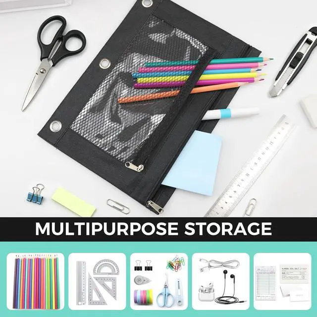 Alt view image 6 of 7 - 3 Ring Pencil Pouch for Binder, 2-Pocket Zipper Pencil Case with Clear Window & Mesh Pocket, 600D Oxford Fabric Binder Pouch for School Office Supplies, Fits Standard 3-Ring Binders, Black