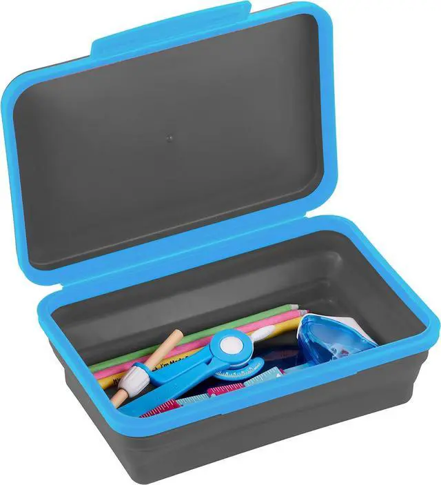 Main image of Flexi Storage Box with Lid, Collapsible Pencil Case Design for Craft and School Supplies, Blue/Black