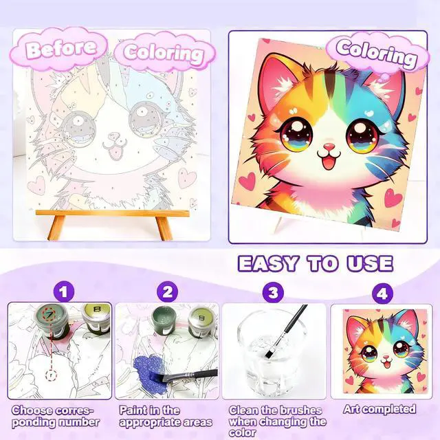 Alt view image 5 of 7 - Cat Paint by Numbers Kit for Kids with Frame and Easel, 8 x 8 in | Cute Animal Paint by Number for Kids Ages 8-10-12, DIY Acrylic Painting by Numbers for Teens Boys Girls for Birthday Gift