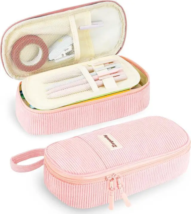 Main image of Pink Aesthetic Pencil Case, Large Capacity Soft Corduroy Stationery Pouch with Handle, Wide Opening Cute Bag & Organizer for School Girls, Teens, Adults