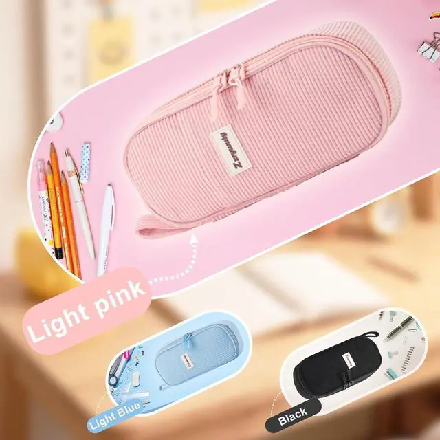 Alt view image 2 of 7 - Pink Aesthetic Pencil Case, Large Capacity Soft Corduroy Stationery Pouch with Handle, Wide Opening Cute Bag & Organizer for School Girls, Teens, Adults