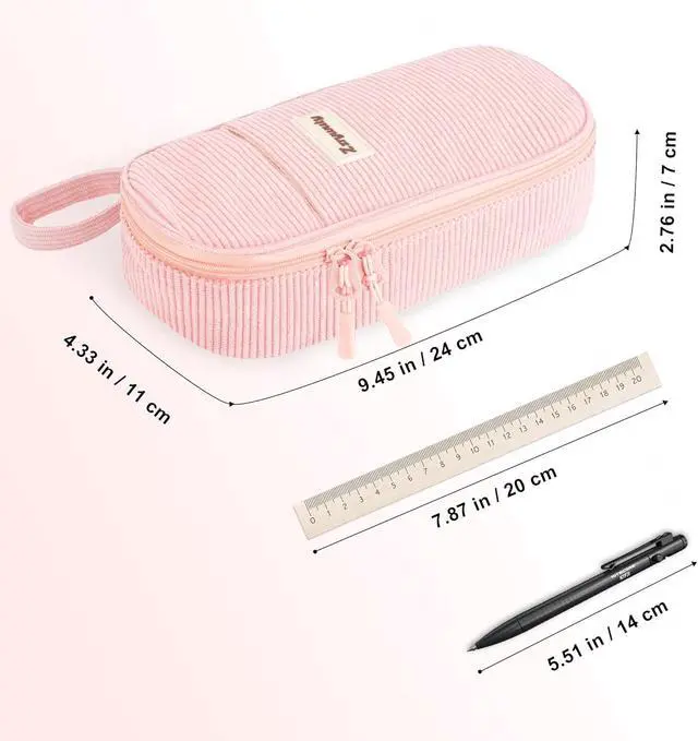 Alt view image 3 of 7 - Pink Aesthetic Pencil Case, Large Capacity Soft Corduroy Stationery Pouch with Handle, Wide Opening Cute Bag & Organizer for School Girls, Teens, Adults