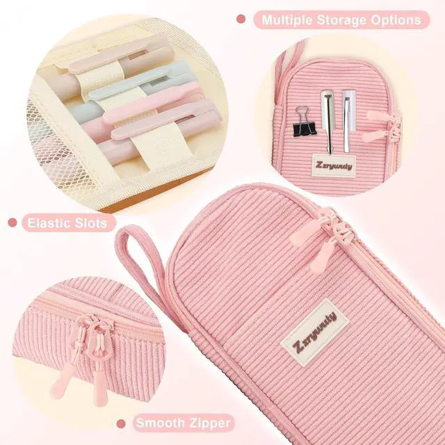 Alt view image 4 of 7 - Pink Aesthetic Pencil Case, Large Capacity Soft Corduroy Stationery Pouch with Handle, Wide Opening Cute Bag & Organizer for School Girls, Teens, Adults