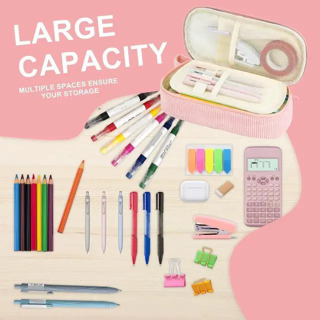 Alt view image 5 of 7 - Pink Aesthetic Pencil Case, Large Capacity Soft Corduroy Stationery Pouch with Handle, Wide Opening Cute Bag & Organizer for School Girls, Teens, Adults