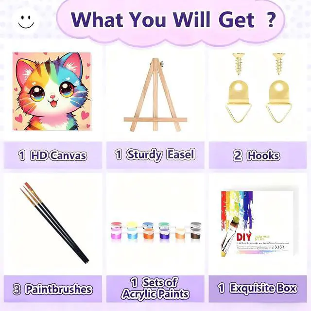 Alt view image 7 of 7 - Cat Paint by Numbers Kit for Kids with Frame and Easel, 8 x 8 in | Cute Animal Paint by Number for Kids Ages 8-10-12, DIY Acrylic Painting by Numbers for Teens Boys Girls for Birthday Gift