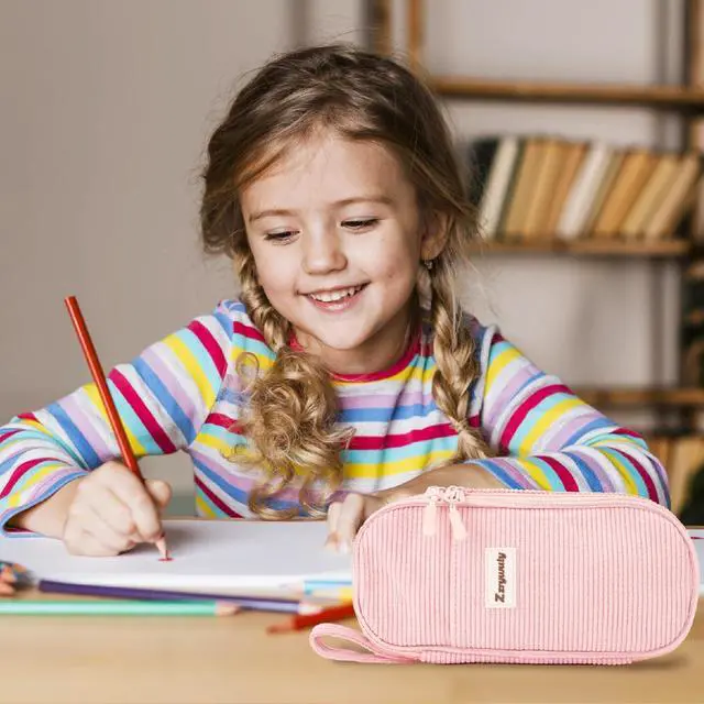 Alt view image 6 of 7 - Pink Aesthetic Pencil Case, Large Capacity Soft Corduroy Stationery Pouch with Handle, Wide Opening Cute Bag & Organizer for School Girls, Teens, Adults