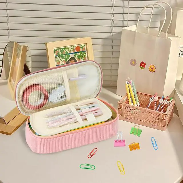 Alt view image 7 of 7 - Pink Aesthetic Pencil Case, Large Capacity Soft Corduroy Stationery Pouch with Handle, Wide Opening Cute Bag & Organizer for School Girls, Teens, Adults
