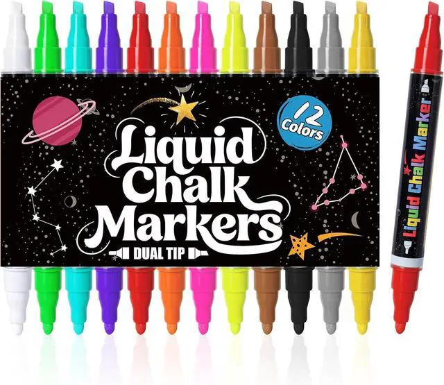 Main image of Dual Tip Chalk Markers, 6mm Reversible Tip Liquid Chalk Pens with Chisel & Bullet Tips, Non-Toxic Dust-Free Erasable for Chalkboard, Blackboard, Glass, Mirror, Windows & Menus12 Pack