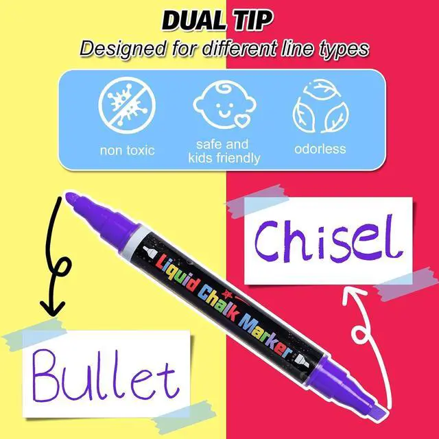 Alt view image 2 of 7 - Dual Tip Chalk Markers, 6mm Reversible Tip Liquid Chalk Pens with Chisel & Bullet Tips, Non-Toxic Dust-Free Erasable for Chalkboard, Blackboard, Glass, Mirror, Windows & Menus12 Pack
