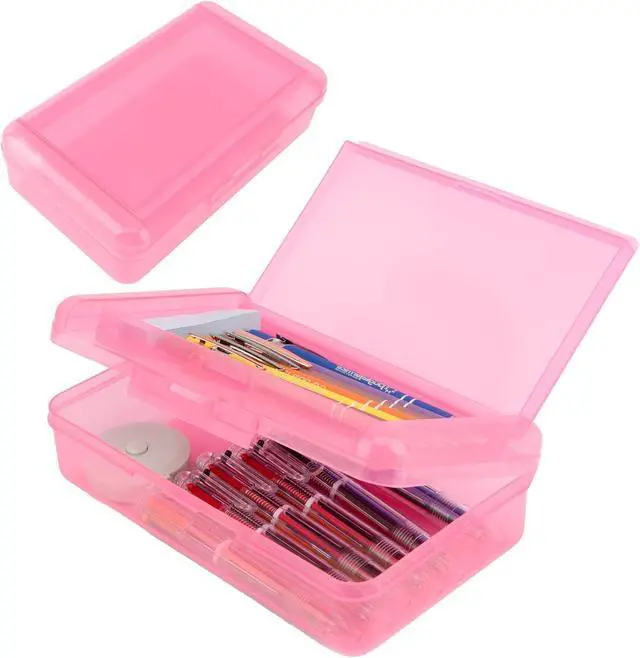 Main image of Pencil Case, Double Layer Large Capacity Pink Plastic Pencil Box, Clear Crayon Box, Hard Pen Boxes with Snap-tight Lid, Storage Art Craft Box Marker Organizer for Kids Boys Offices School Supplies