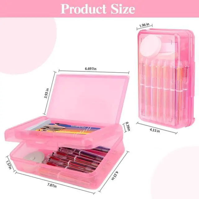 Alt view image 2 of 7 - Pencil Case, Double Layer Large Capacity Pink Plastic Pencil Box, Clear Crayon Box, Hard Pen Boxes with Snap-tight Lid, Storage Art Craft Box Marker Organizer for Kids Boys Offices School Supplies