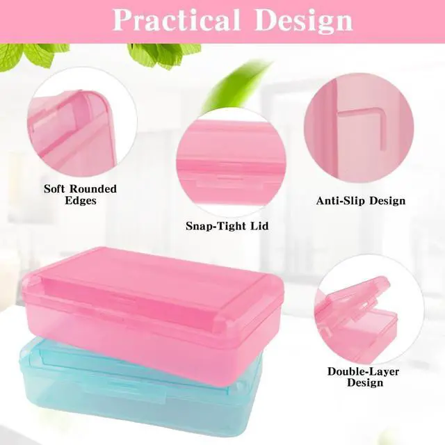 Alt view image 4 of 7 - Pencil Case, Double Layer Large Capacity Pink Plastic Pencil Box, Clear Crayon Box, Hard Pen Boxes with Snap-tight Lid, Storage Art Craft Box Marker Organizer for Kids Boys Offices School Supplies