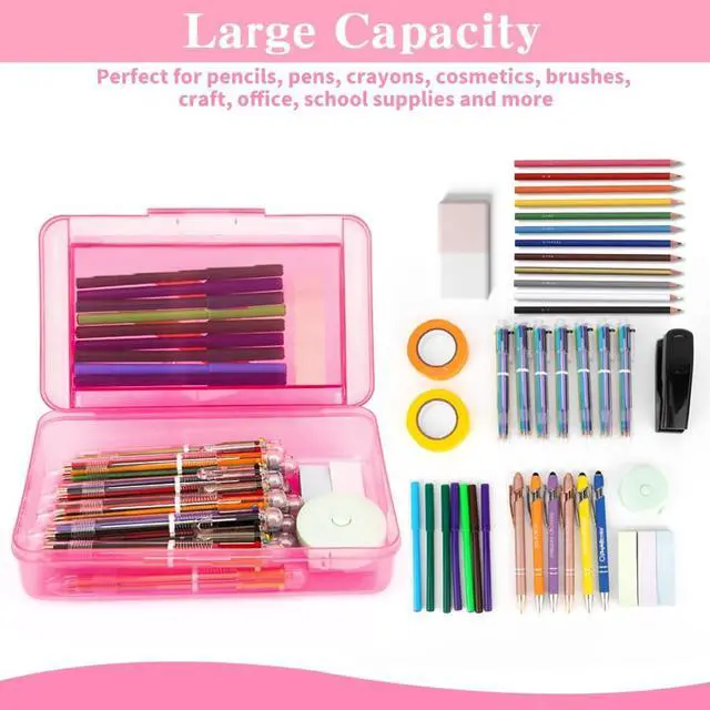 Alt view image 3 of 7 - Pencil Case, Double Layer Large Capacity Pink Plastic Pencil Box, Clear Crayon Box, Hard Pen Boxes with Snap-tight Lid, Storage Art Craft Box Marker Organizer for Kids Boys Offices School Supplies