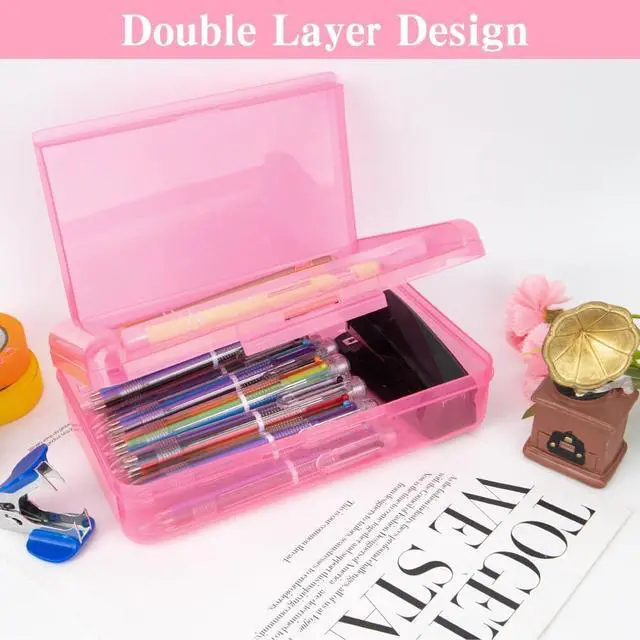 Alt view image 5 of 7 - Pencil Case, Double Layer Large Capacity Pink Plastic Pencil Box, Clear Crayon Box, Hard Pen Boxes with Snap-tight Lid, Storage Art Craft Box Marker Organizer for Kids Boys Offices School Supplies