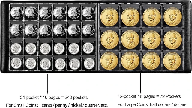 Alt view image 2 of 5 - AITIME 312 Pockets Coin Collection Holder Album for Collectors, Coin Book | Two Pocket Size,Coin Collecting Supplies for Silver Dollar,Dime,Cent,Nickel,Quarter, Half Dollar