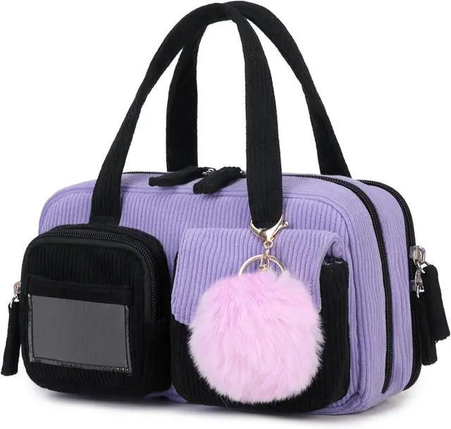 Alt view image 8 of 8 - Pencil Case Corduroy Multiple Compartments Pouch Bag for Girl, Black Purple