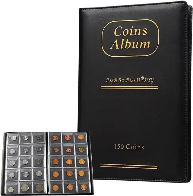 Main image of Coin Collection Album,150 Pockets Archival Quality Coin Collection Book for Collector Holder Display Storage Case,Collecting Sleeves Organizer Supplies for Coins,Pennies,Quarters,Badges (Black)