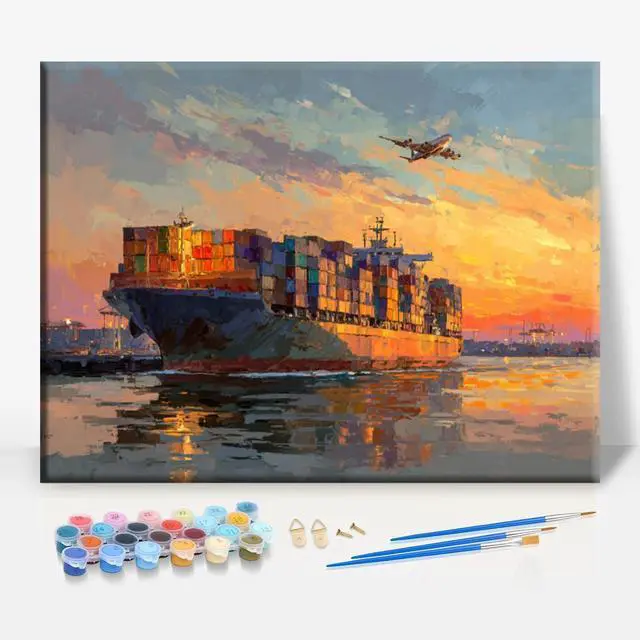 Main image of Cargo Ship Sunset Scenery Framed Canvas DIY Paint by Numbers Kit Bar Cafe Cave Home Room Wall Bathroom Porch Patio Decor Gift, 16 x 12 Inch