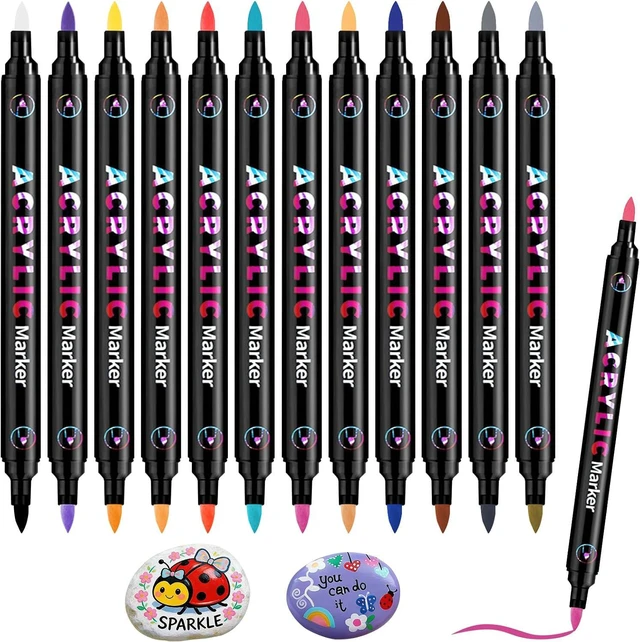 Main image of 12 Dual Tip Acrylic Paint Markers, 24 Colors Total - 2-in-1 Double-Ended Brush Pens, Art Marker Set for Wood, Rock, Canvas, Glass & Crafts