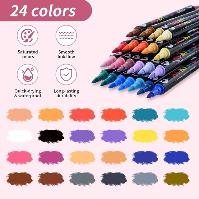 Alt view image 2 of 7 - 12 Dual Tip Acrylic Paint Markers, 24 Colors Total - 2-in-1 Double-Ended Brush Pens, Art Marker Set for Wood, Rock, Canvas, Glass & Crafts