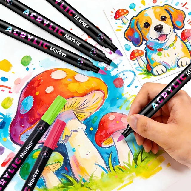 Alt view image 5 of 7 - 12 Dual Tip Acrylic Paint Markers, 24 Colors Total - 2-in-1 Double-Ended Brush Pens, Art Marker Set for Wood, Rock, Canvas, Glass & Crafts