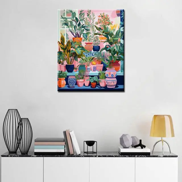 Alt view image 3 of 7 - Colorful Potted Plants Digital Painting Paint by Numbers Kit for Adults Acrylic Oil Painting Set Painting for Beginners Tropical Green Leafy Plants Drawing Wall Decor Gift 12x16 in (Frameless)