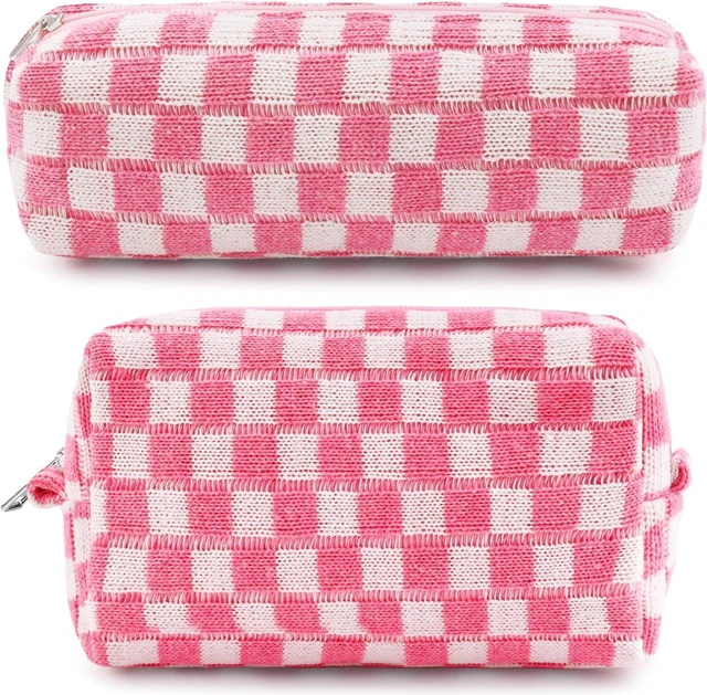 Main image of 2Pcs Checkered Pencil Case Cute Pencil Pouch for Teens Pink Checkered Makeup Bag Travel Cosmetic Bag Set Cute Preppy Makeup Pouch for Purse Portable Zippered Skincare Toiletry Bags Organizer