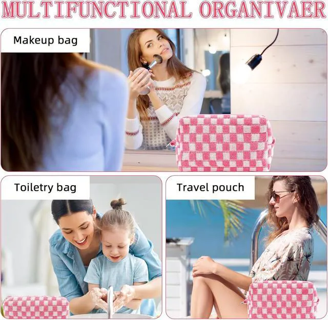 Alt view image 3 of 7 - 2Pcs Checkered Pencil Case Cute Pencil Pouch for Teens Pink Checkered Makeup Bag Travel Cosmetic Bag Set Cute Preppy Makeup Pouch for Purse Portable Zippered Skincare Toiletry Bags Organizer