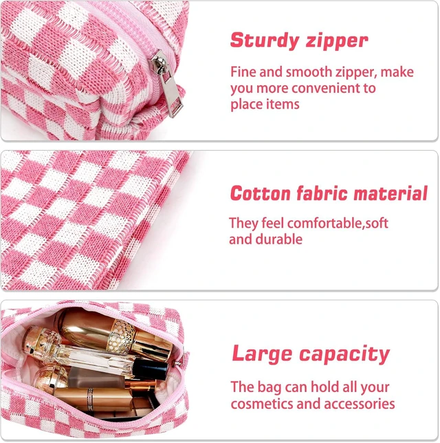 Alt view image 5 of 7 - 2Pcs Checkered Pencil Case Cute Pencil Pouch for Teens Pink Checkered Makeup Bag Travel Cosmetic Bag Set Cute Preppy Makeup Pouch for Purse Portable Zippered Skincare Toiletry Bags Organizer